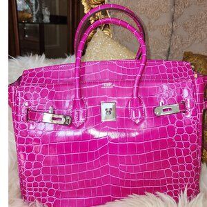 Luxury Fuchsia 35 cm Gorgeous shiny crocodile alligator exotic bag silver hardwa